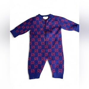 Gucci Blue & Red GG Logo Knit One-Piece